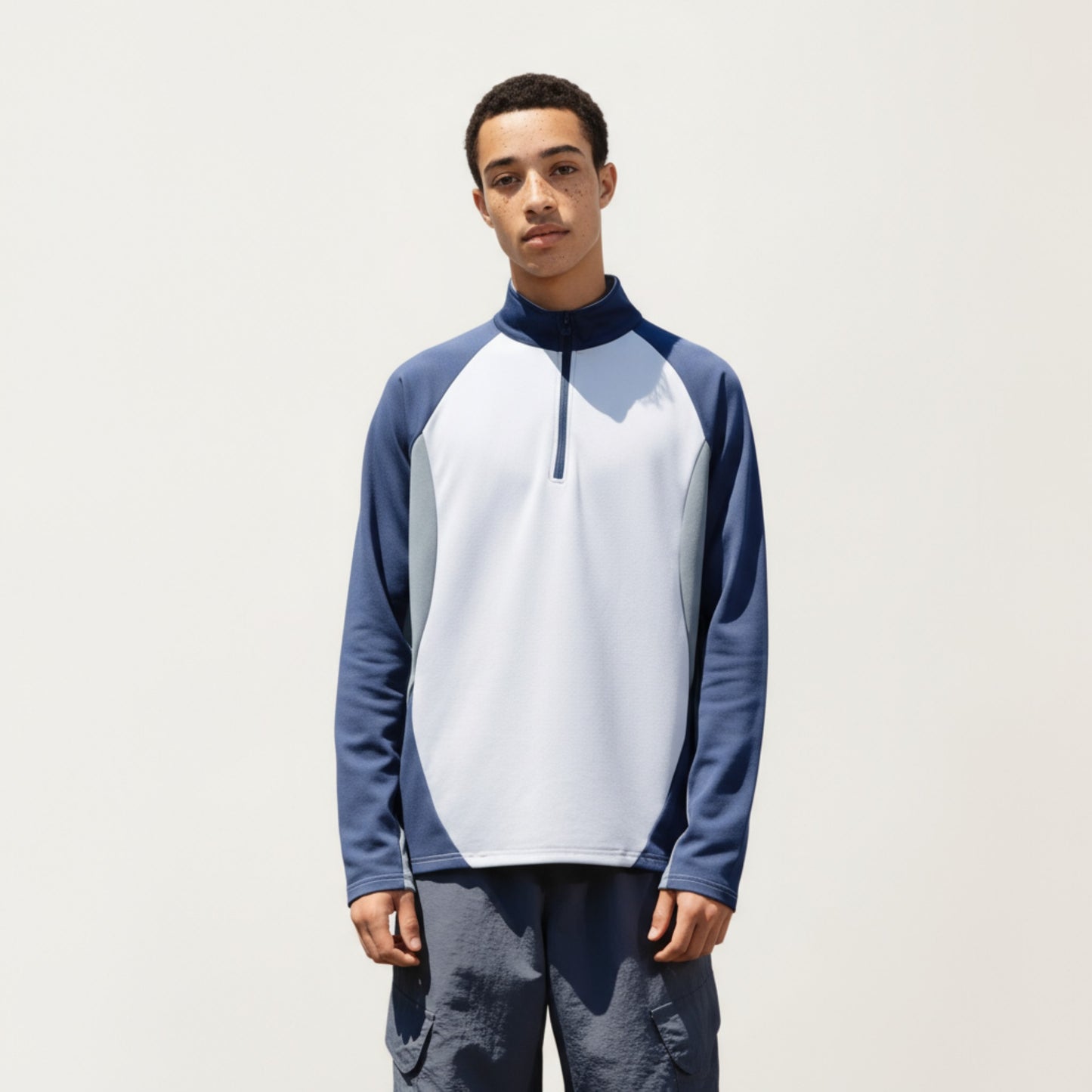 Anna-Kaci Men's Long Sleeve Quarter Zip Pullover with Color Block Panels and Stand Collar