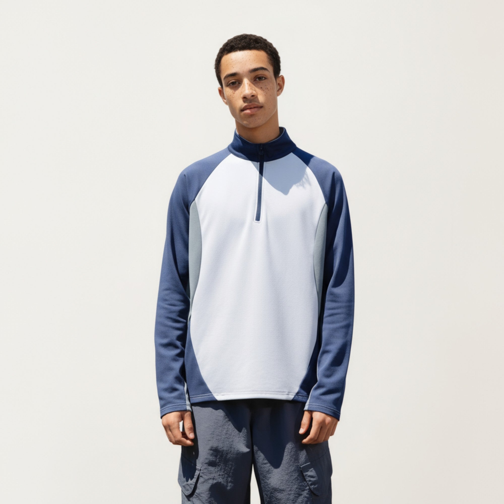Anna-Kaci Men's Long Sleeve Quarter Zip Pullover with Color Block Panels and Stand Collar