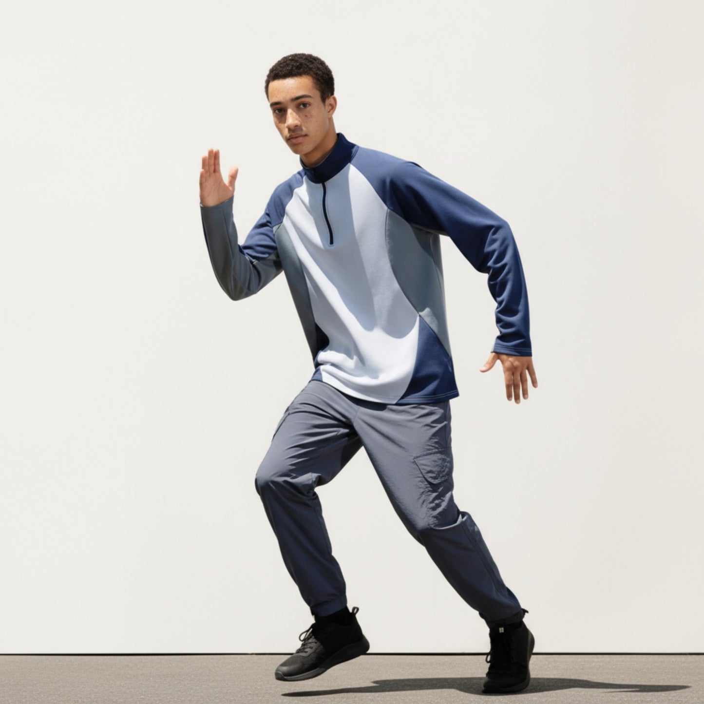 Anna-Kaci Men's Long Sleeve Quarter Zip Pullover with Color Block Panels and Stand Collar