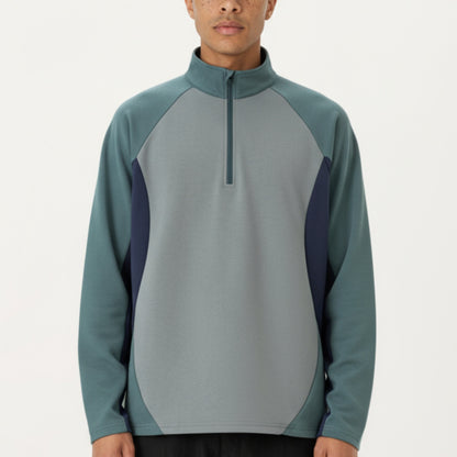 Anna-Kaci Men's Long Sleeve Quarter Zip Pullover with Color Block Panels and Stand Collar