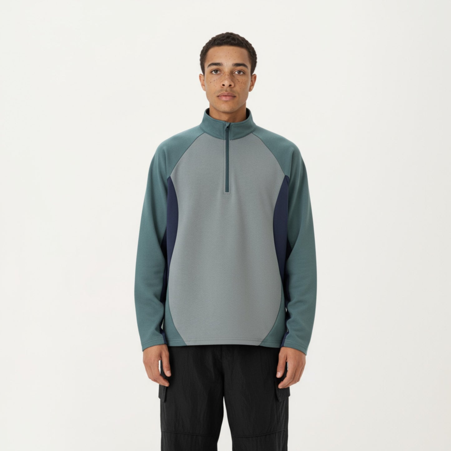 Anna-Kaci Men's Long Sleeve Quarter Zip Pullover with Color Block Panels and Stand Collar