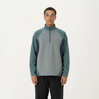 Anna-Kaci Men's Long Sleeve Quarter Zip Pullover with Color Block Panels and Stand Collar