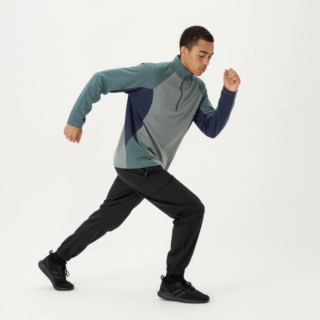 Anna-Kaci Men's Long Sleeve Quarter Zip Pullover with Color Block Panels and Stand Collar