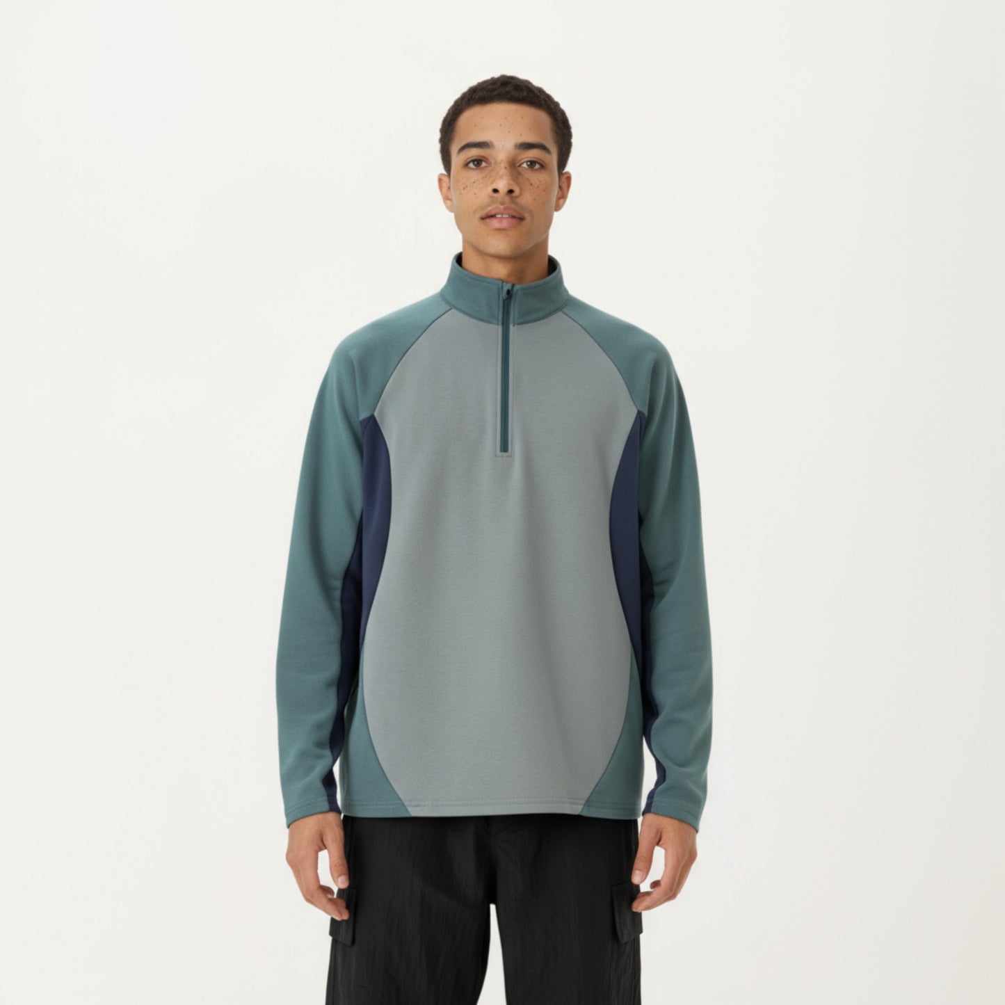Anna-Kaci Men's Long Sleeve Quarter Zip Pullover with Color Block Panels and Stand Collar