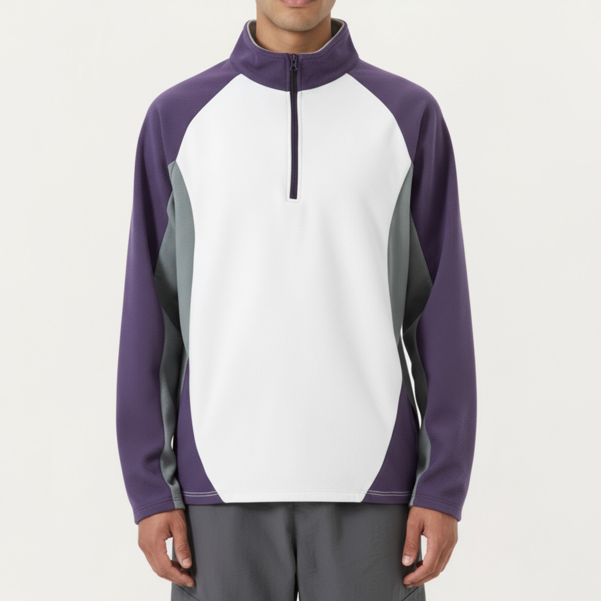 Anna-Kaci Men's Long Sleeve Quarter Zip Pullover with Color Block Panels and Stand Collar