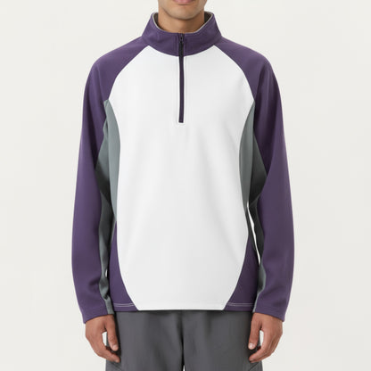 Anna-Kaci Men's Long Sleeve Quarter Zip Pullover with Color Block Panels and Stand Collar