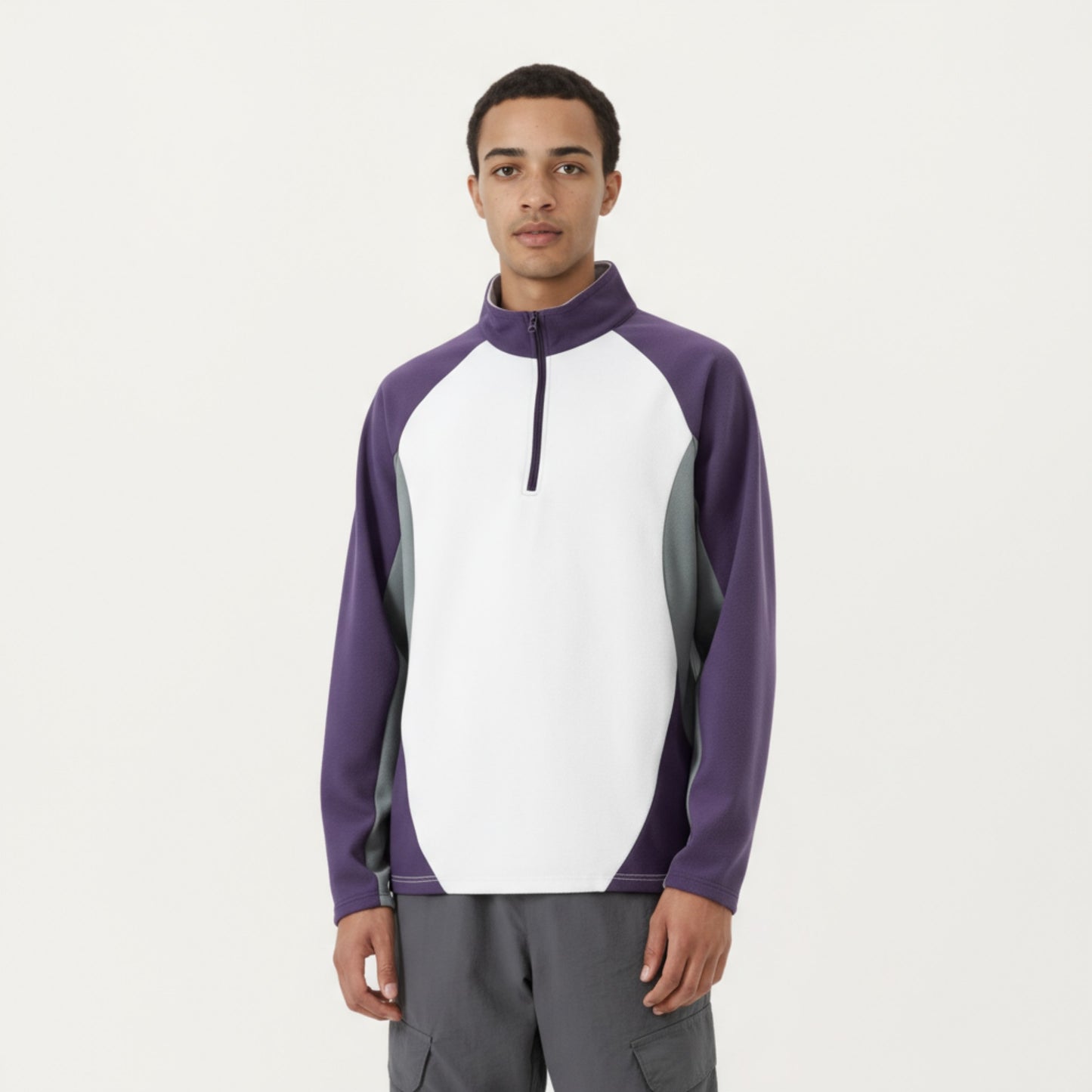 Anna-Kaci Men's Long Sleeve Quarter Zip Pullover with Color Block Panels and Stand Collar