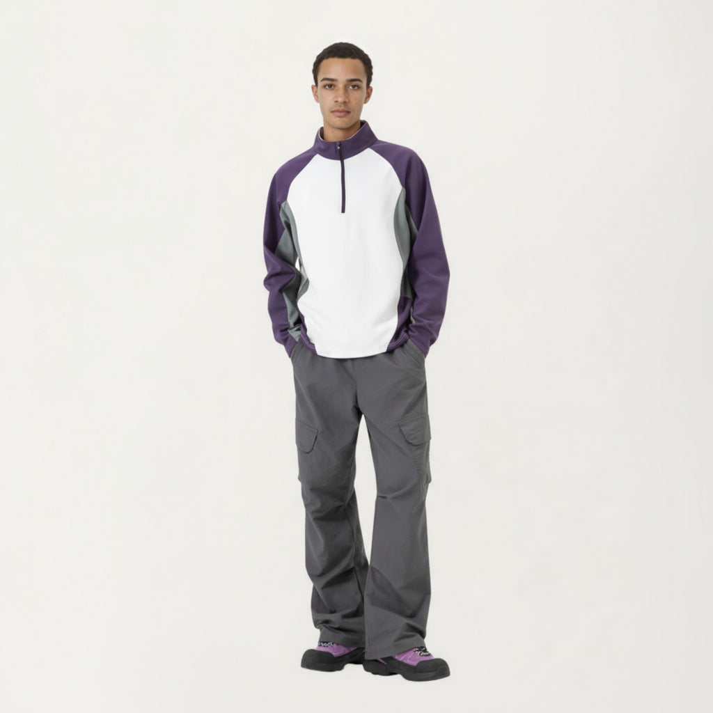 Anna-Kaci Men's Long Sleeve Quarter Zip Pullover with Color Block Panels and Stand Collar