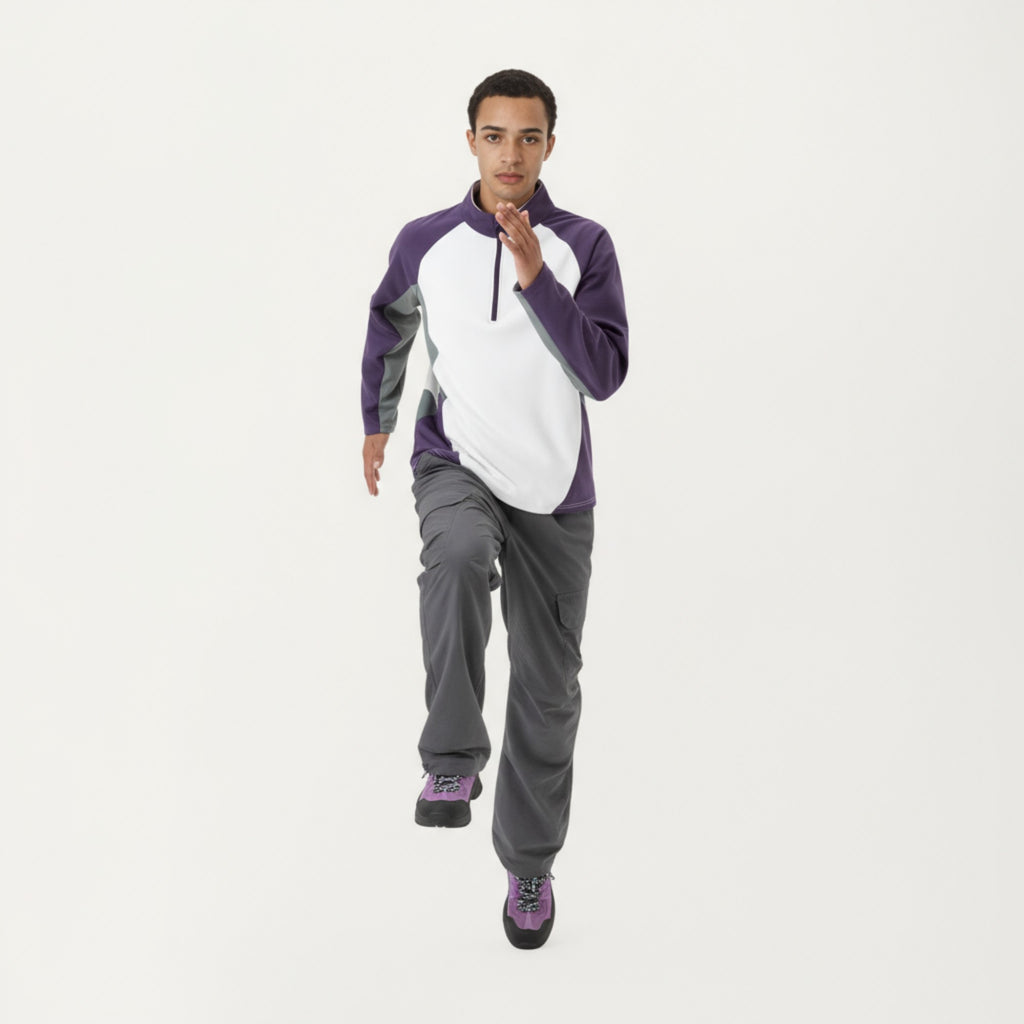 Anna-Kaci Men's Long Sleeve Quarter Zip Pullover with Color Block Panels and Stand Collar