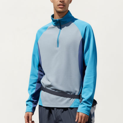Anna-Kaci Men's Long Sleeve Quarter Zip Pullover with Color Block Panels and Stand Collar