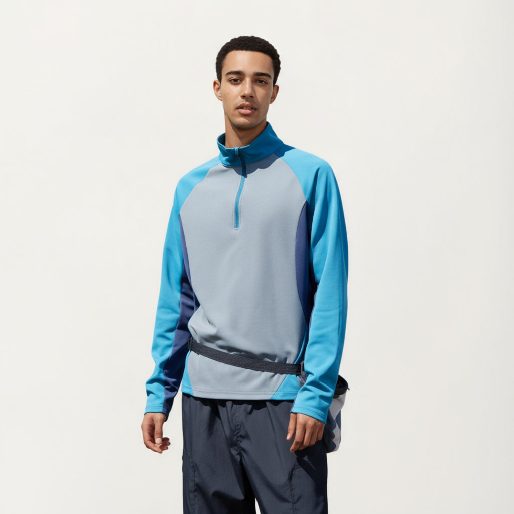 Anna-Kaci Men's Long Sleeve Quarter Zip Pullover with Color Block Panels and Stand Collar
