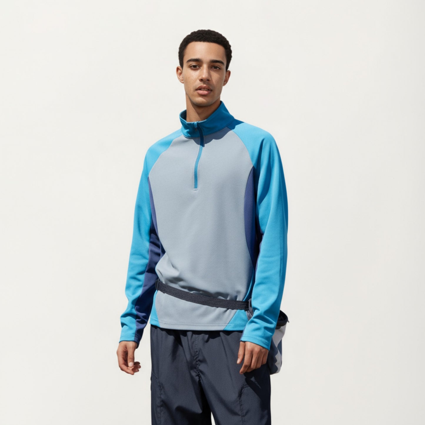 Anna-Kaci Men's Long Sleeve Quarter Zip Pullover with Color Block Panels and Stand Collar