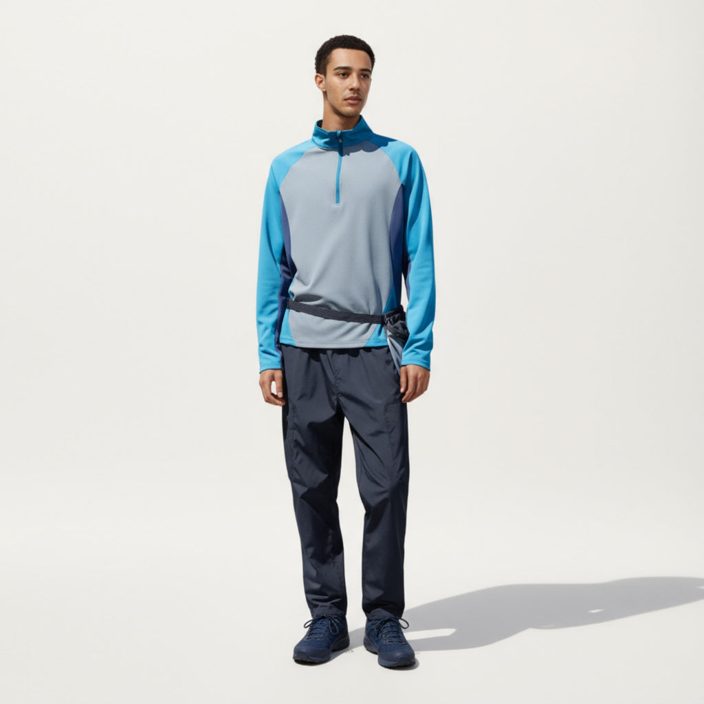 Anna-Kaci Men's Long Sleeve Quarter Zip Pullover with Color Block Panels and Stand Collar