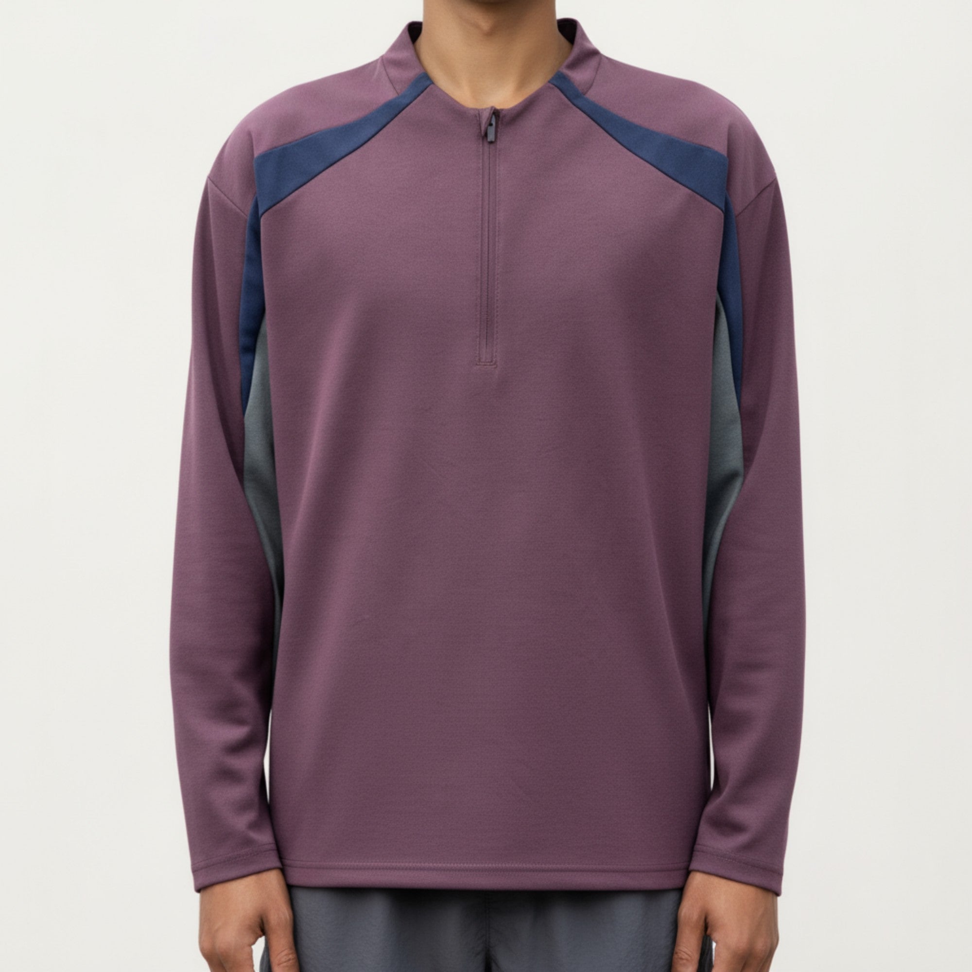 Anna-Kaci Men's Long Sleeve Quarter Zip Pullover with Contrast Shoulder Panels and Stand Collar