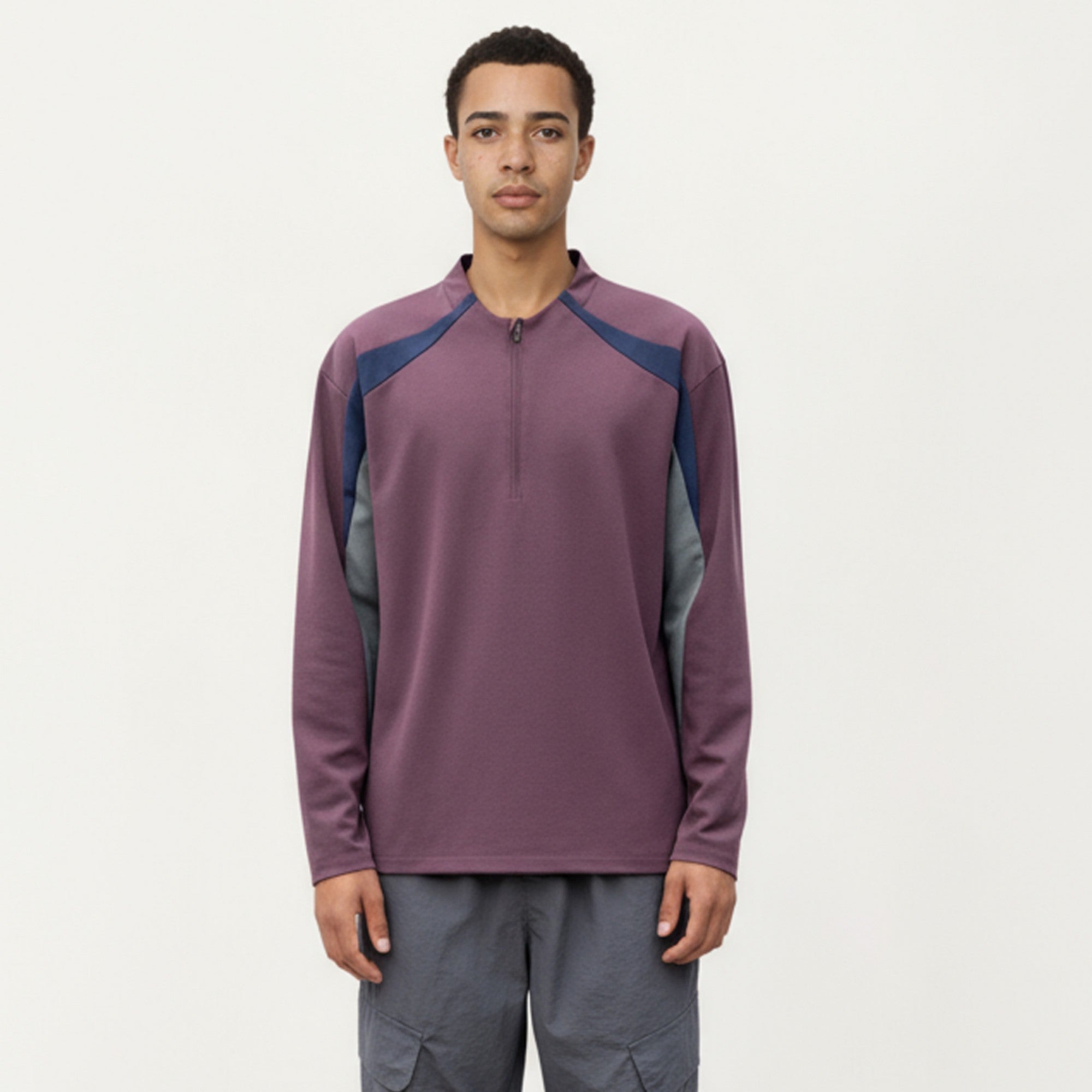 Anna-Kaci Men's Long Sleeve Quarter Zip Pullover with Contrast Shoulder Panels and Stand Collar
