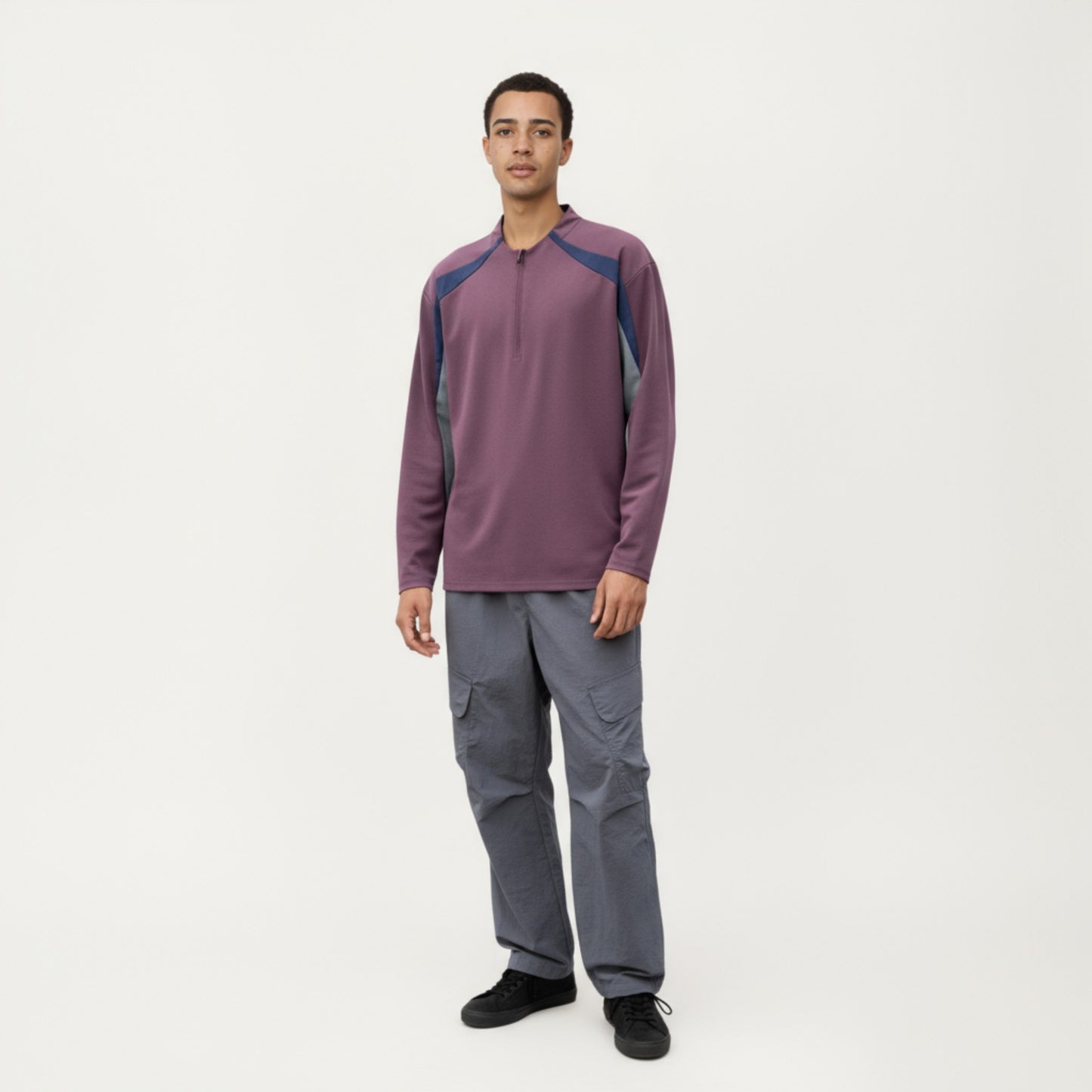 Anna-Kaci Men's Long Sleeve Quarter Zip Pullover with Contrast Shoulder Panels and Stand Collar