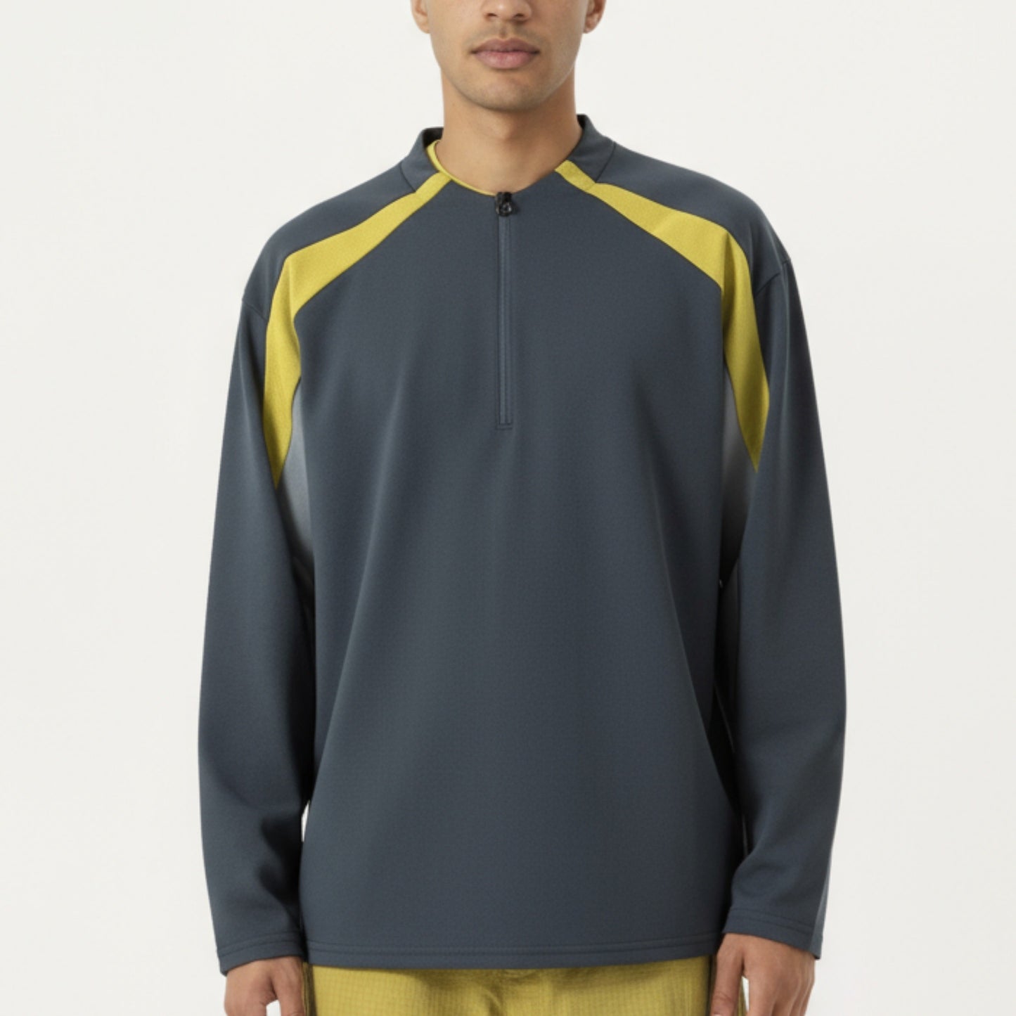 Anna-Kaci Men's Long Sleeve Quarter Zip Pullover with Contrast Shoulder Panels and Stand Collar
