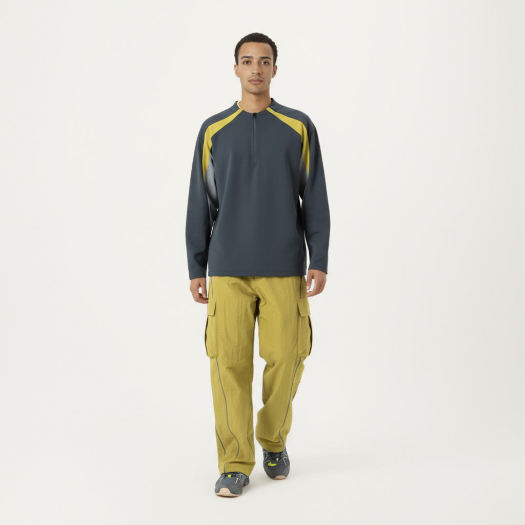 Anna-Kaci Men's Long Sleeve Quarter Zip Pullover with Contrast Shoulder Panels and Stand Collar