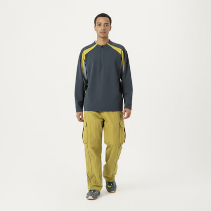 Anna-Kaci Men's Long Sleeve Quarter Zip Pullover with Contrast Shoulder Panels and Stand Collar