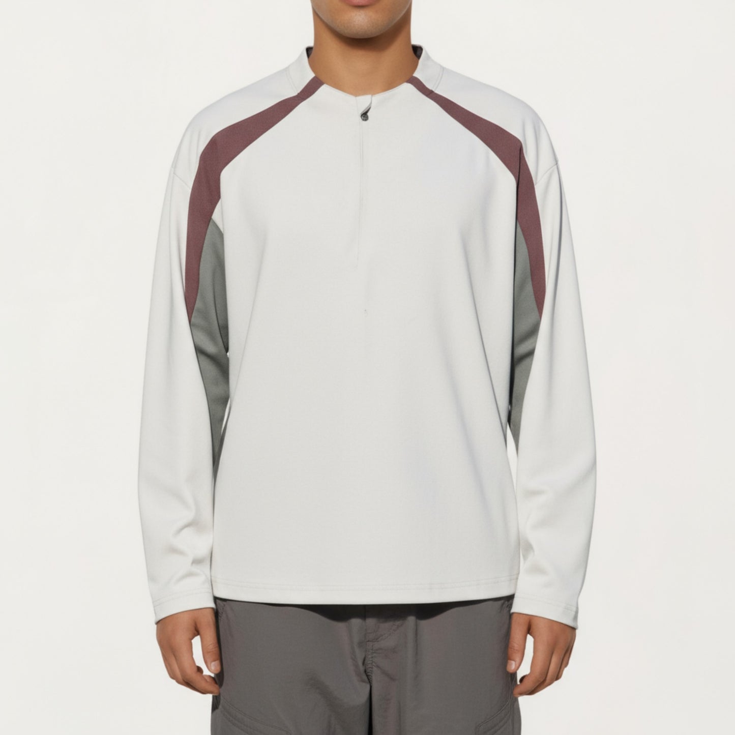 Anna-Kaci Men's Long Sleeve Quarter Zip Pullover with Contrast Shoulder Panels and Stand Collar