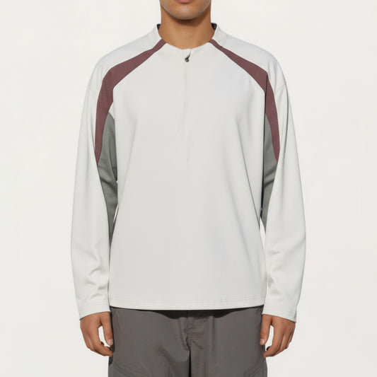 Anna-Kaci Men's Long Sleeve Quarter Zip Pullover with Contrast Shoulder Panels and Stand Collar