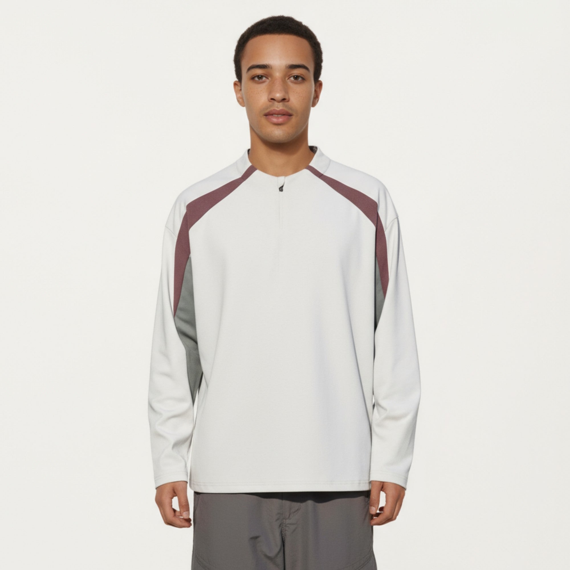 Anna-Kaci Men's Long Sleeve Quarter Zip Pullover with Contrast Shoulder Panels and Stand Collar