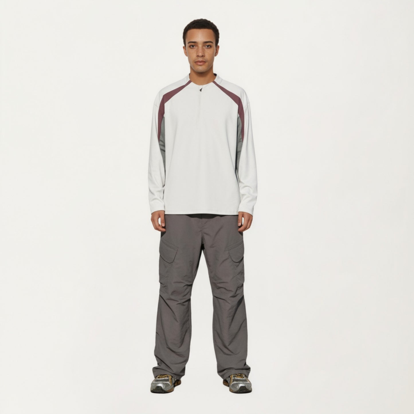 Anna-Kaci Men's Long Sleeve Quarter Zip Pullover with Contrast Shoulder Panels and Stand Collar