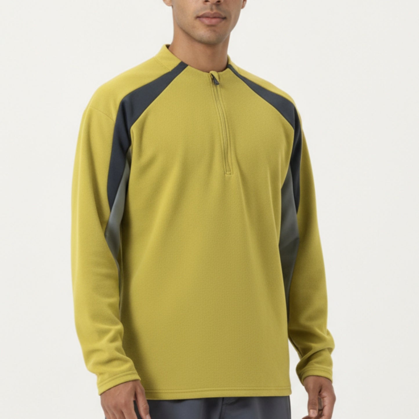 Anna-Kaci Men's Long Sleeve Quarter Zip Pullover with Contrast Shoulder Panels and Stand Collar