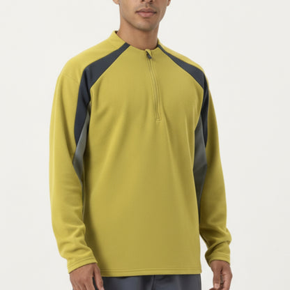 Anna-Kaci Men's Long Sleeve Quarter Zip Pullover with Contrast Shoulder Panels and Stand Collar