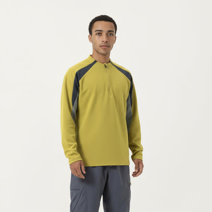 Anna-Kaci Men's Long Sleeve Quarter Zip Pullover with Contrast Shoulder Panels and Stand Collar