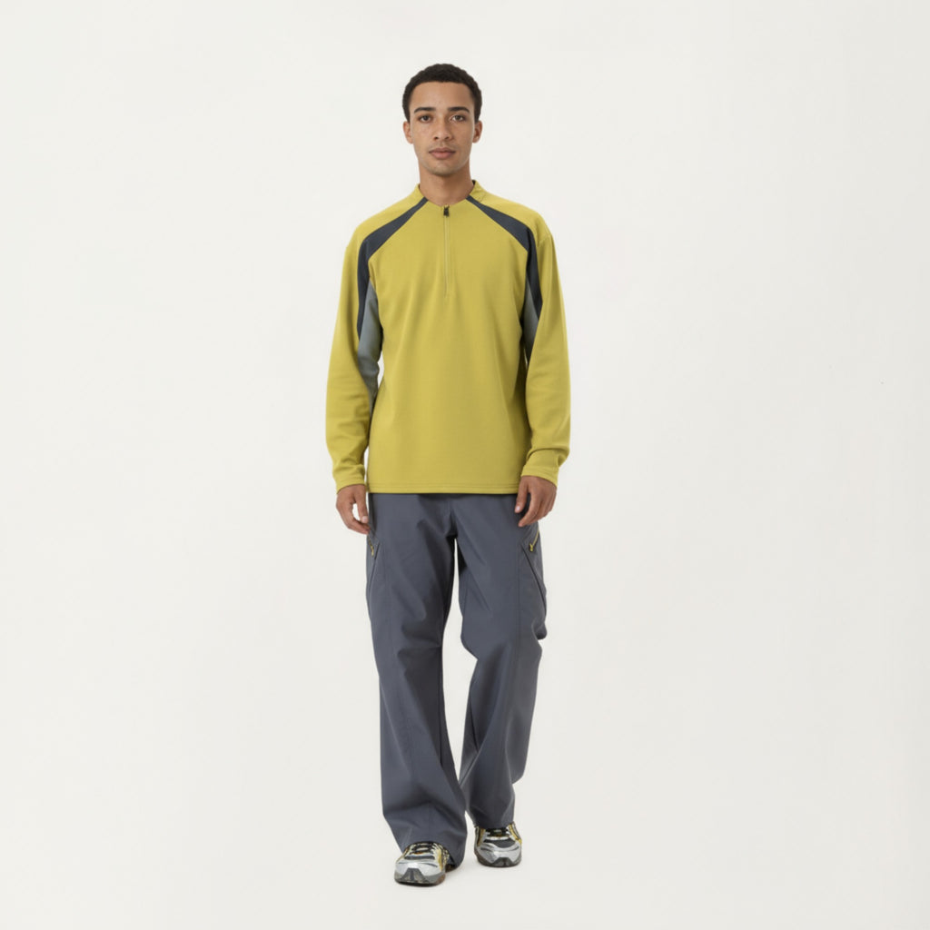 Anna-Kaci Men's Long Sleeve Quarter Zip Pullover with Contrast Shoulder Panels and Stand Collar