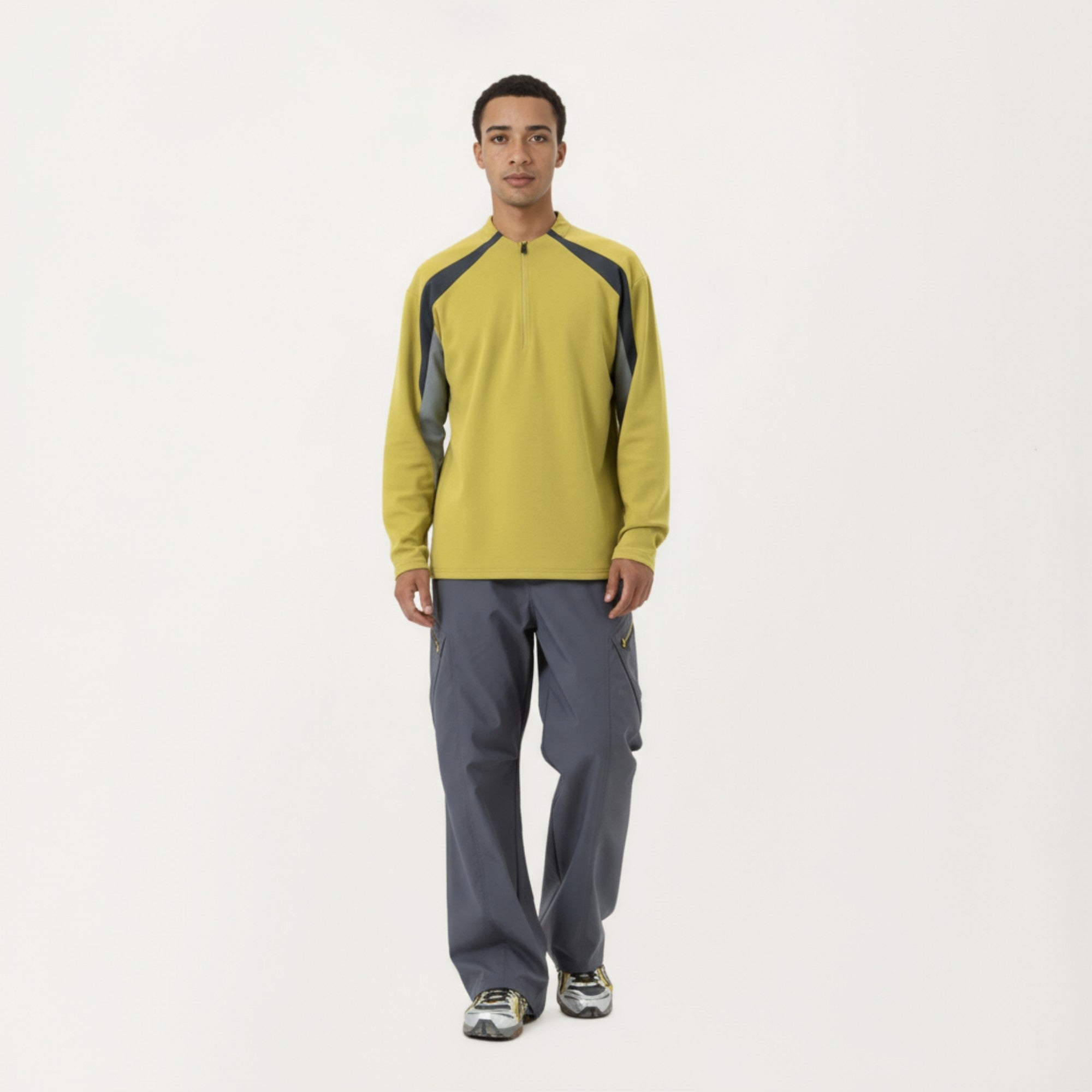 Anna-Kaci Men's Long Sleeve Quarter Zip Pullover with Contrast Shoulder Panels and Stand Collar