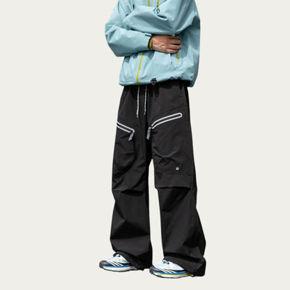 Anna-Kaci Men's Wide Leg Cargo Pants with Zippered Pockets and Adjustable Drawstring Waist