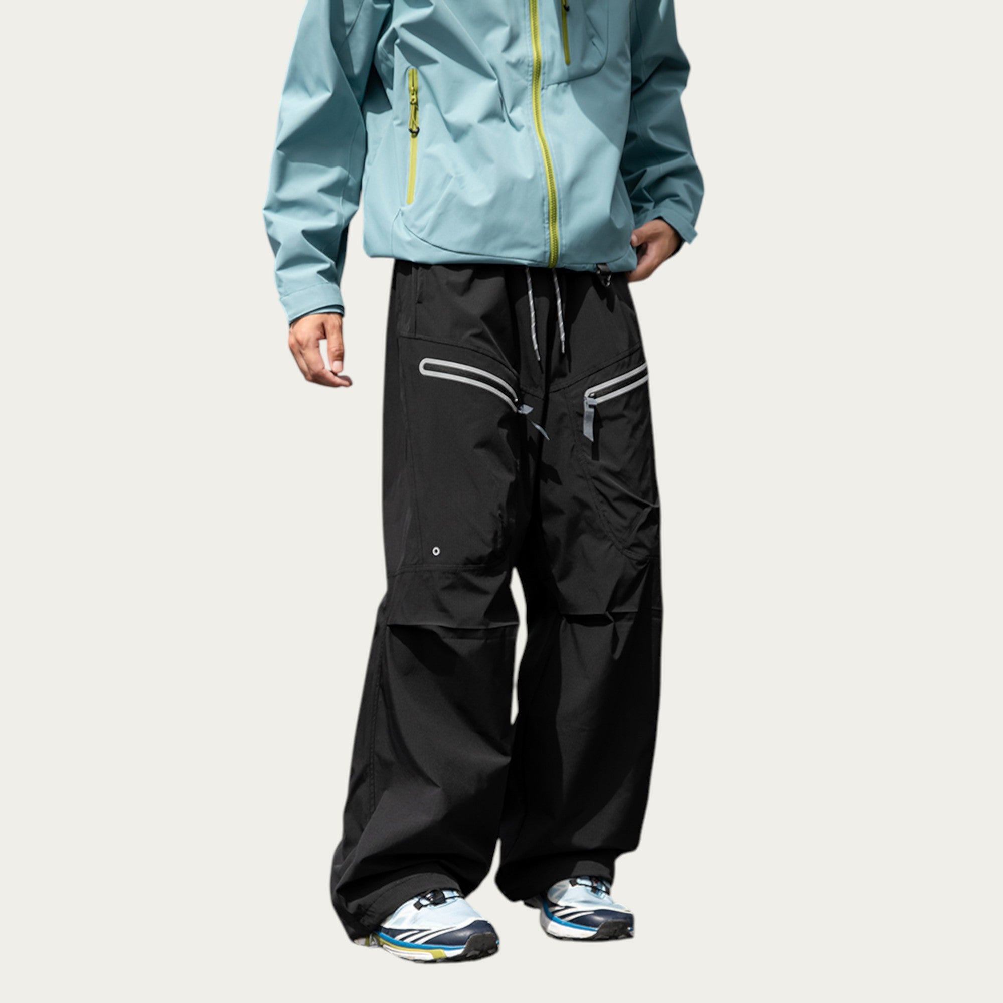 Anna-Kaci Men's Wide Leg Cargo Pants with Zippered Pockets and Adjustable Drawstring Waist