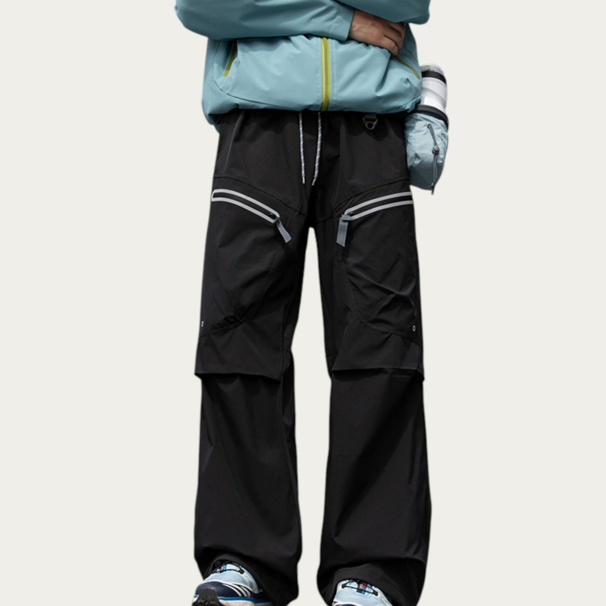 Anna-Kaci Men's Wide Leg Cargo Pants with Zippered Pockets and Adjustable Drawstring Waist