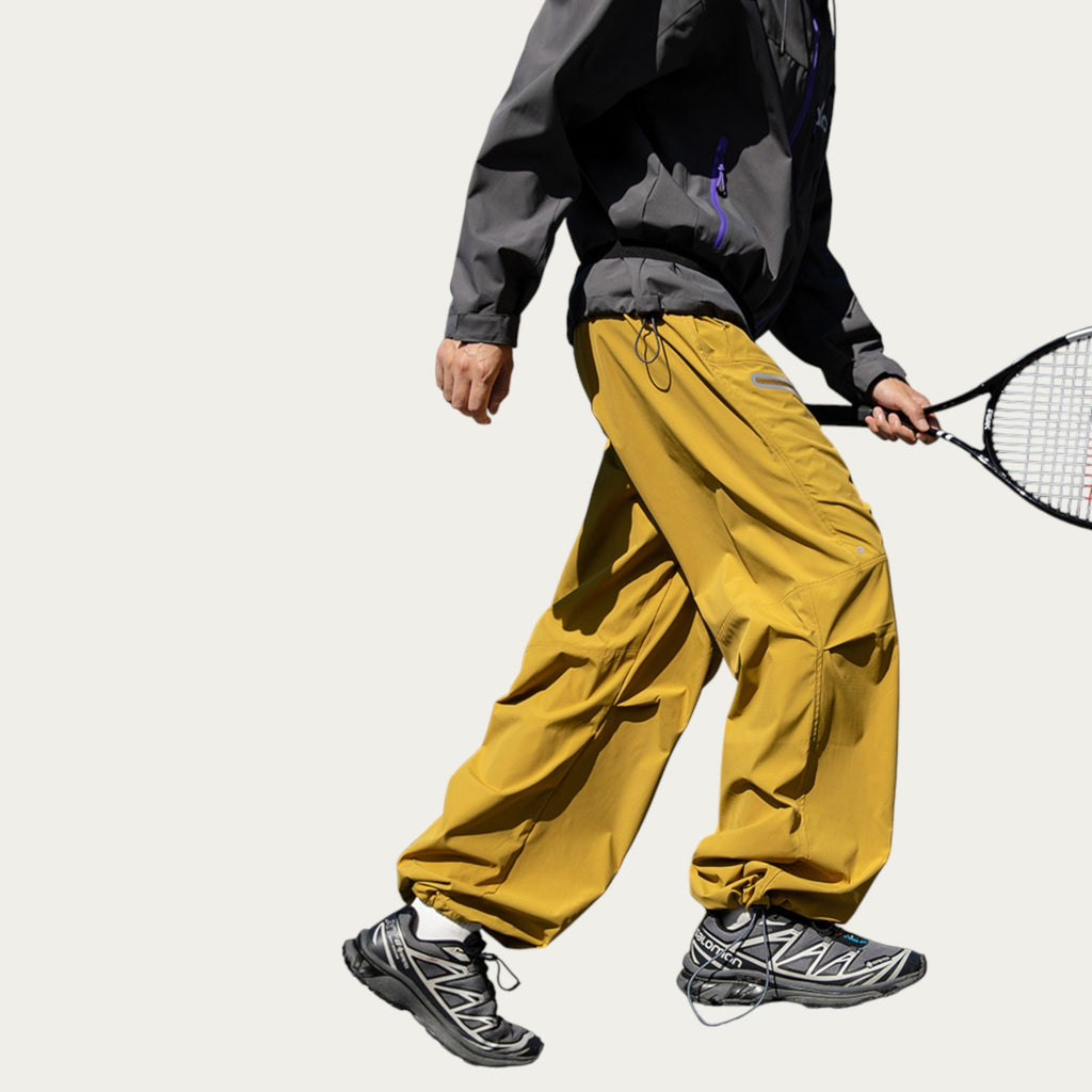 Anna-Kaci Men's Wide Leg Cargo Pants with Zippered Pockets and Adjustable Drawstring Waist