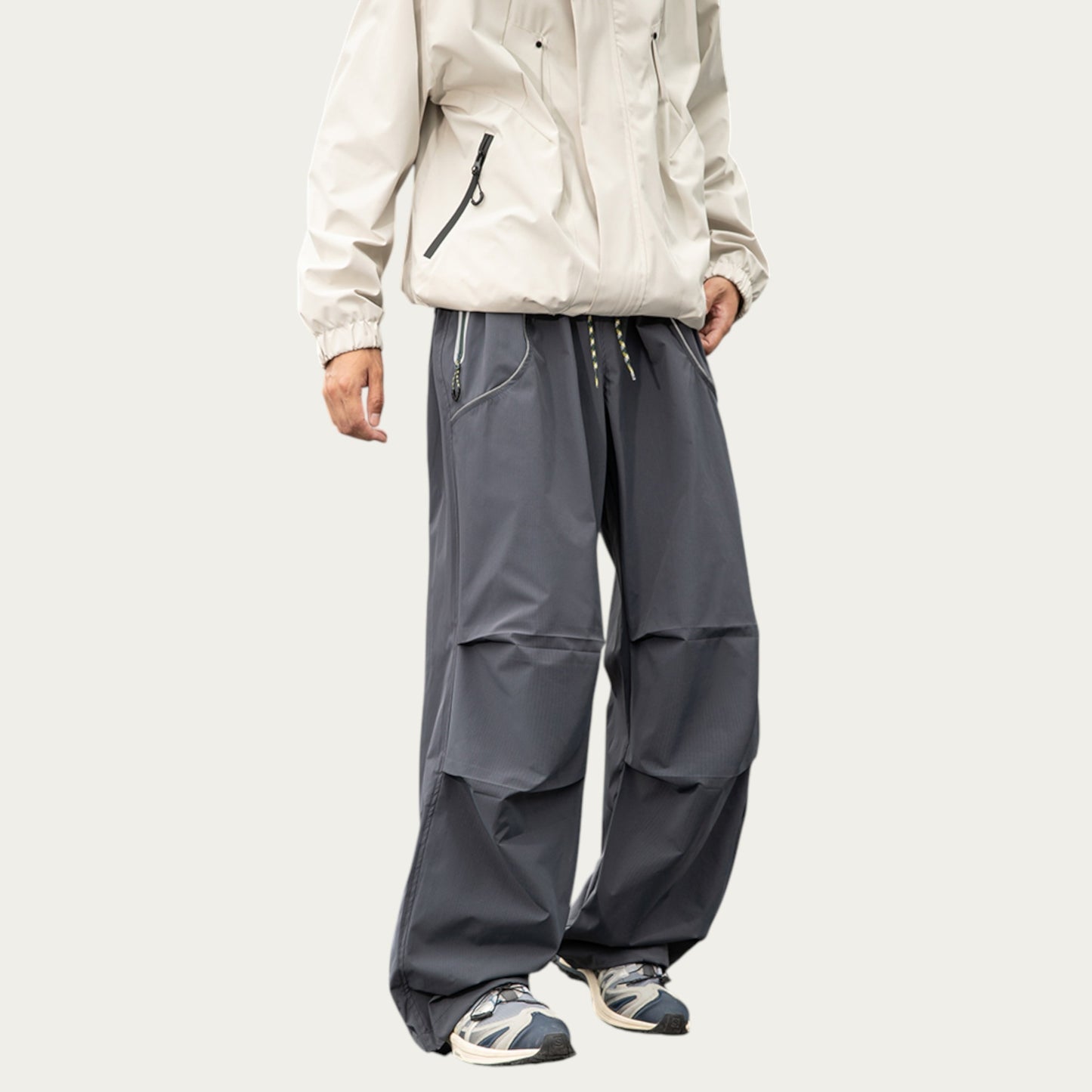 Anna-Kaci Men's Wide Leg Cargo Pants with Oversized Pockets and Adjustable Drawstring Waist