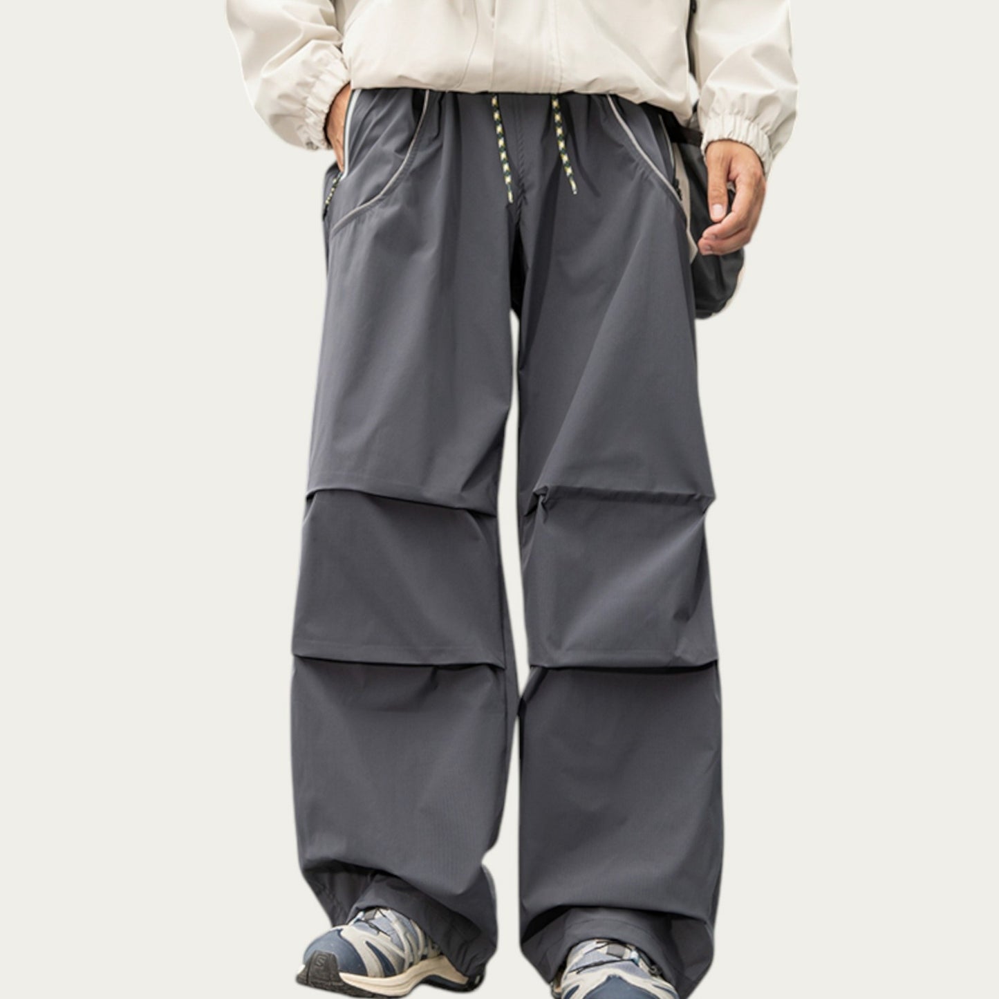 Anna-Kaci Men's Wide Leg Cargo Pants with Oversized Pockets and Adjustable Drawstring Waist