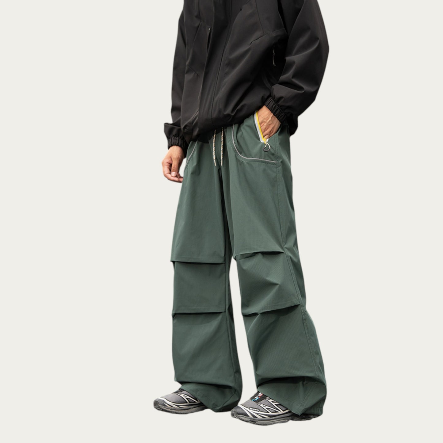Anna-Kaci Men's Wide Leg Cargo Pants with Oversized Pockets and Adjustable Drawstring Waist