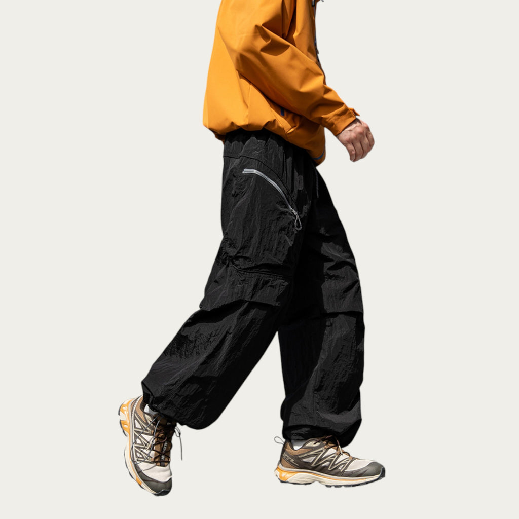 Anna-Kaci Men's Textured Wide Leg Cargo Pants with Zipper Pockets and Adjustable Drawstring Waist