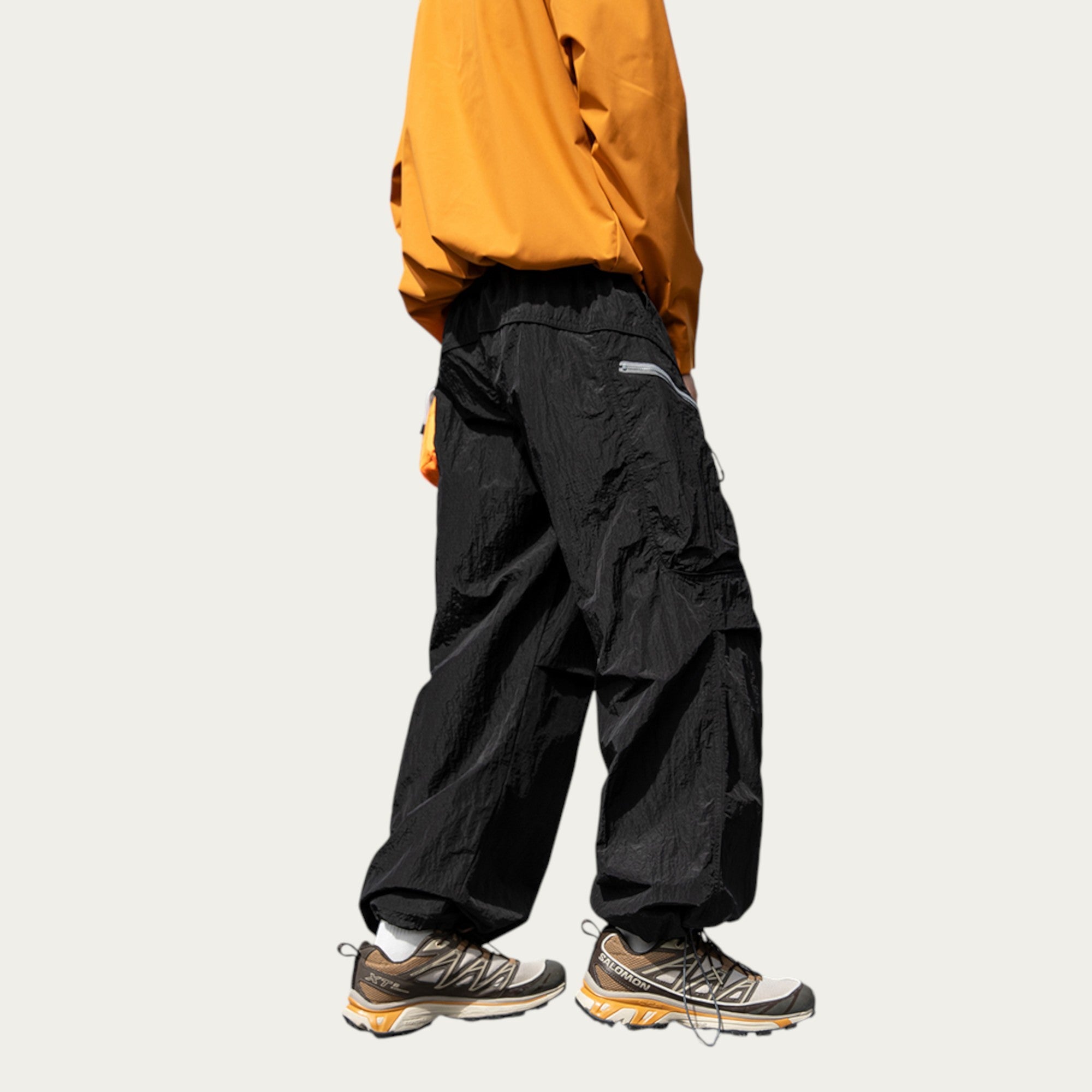 Anna-Kaci Men's Textured Wide Leg Cargo Pants with Zipper Pockets and Adjustable Drawstring Waist