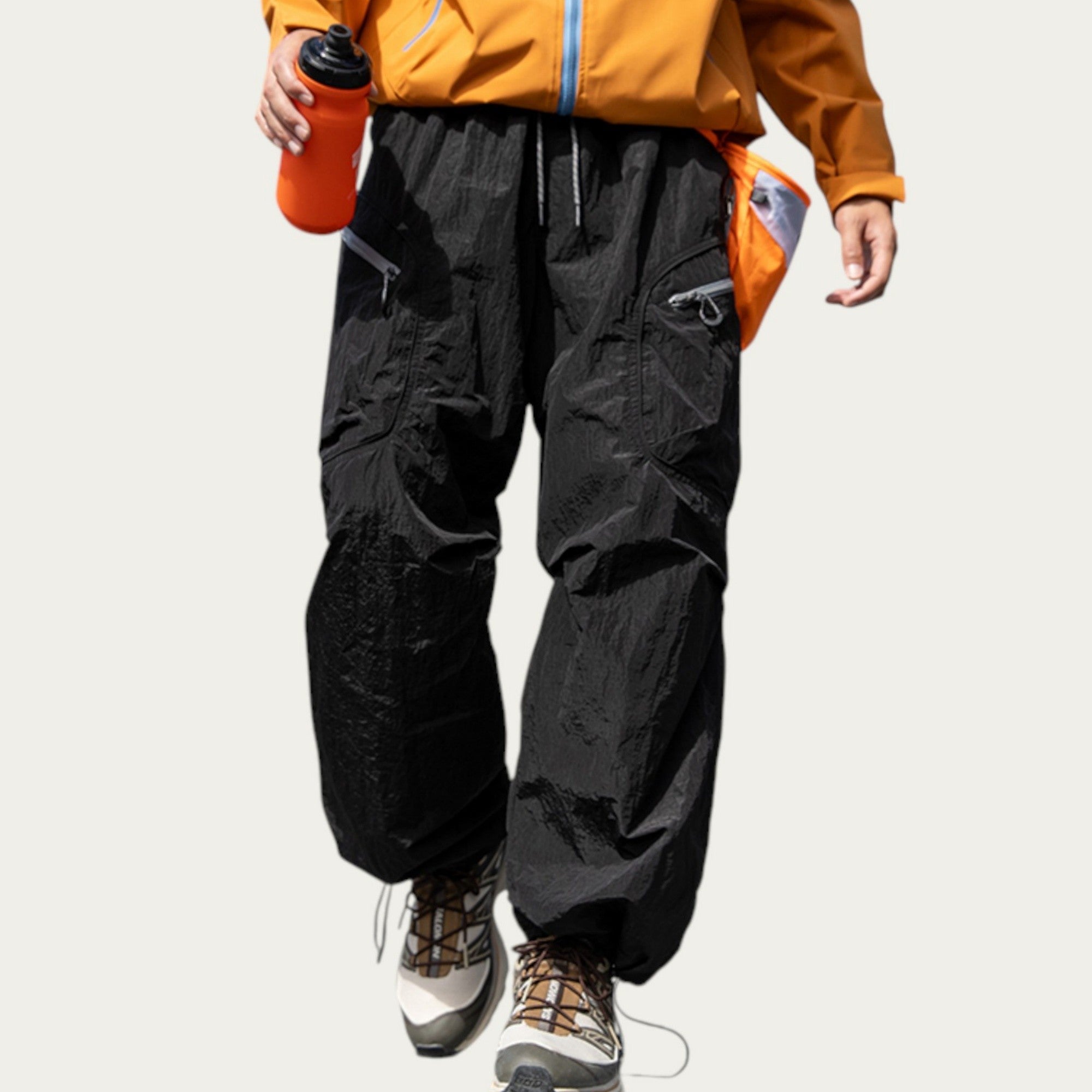 Anna-Kaci Men's Textured Wide Leg Cargo Pants with Zipper Pockets and Adjustable Drawstring Waist