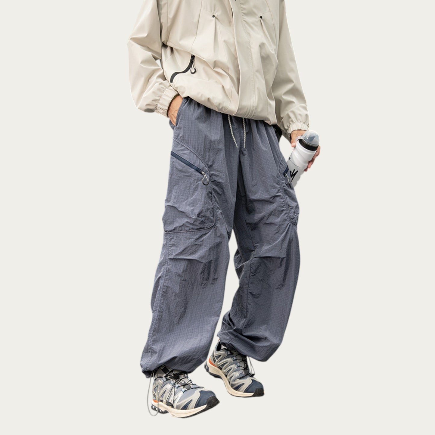 Anna-Kaci Men's Textured Wide Leg Cargo Pants with Zipper Pockets and Adjustable Drawstring Waist