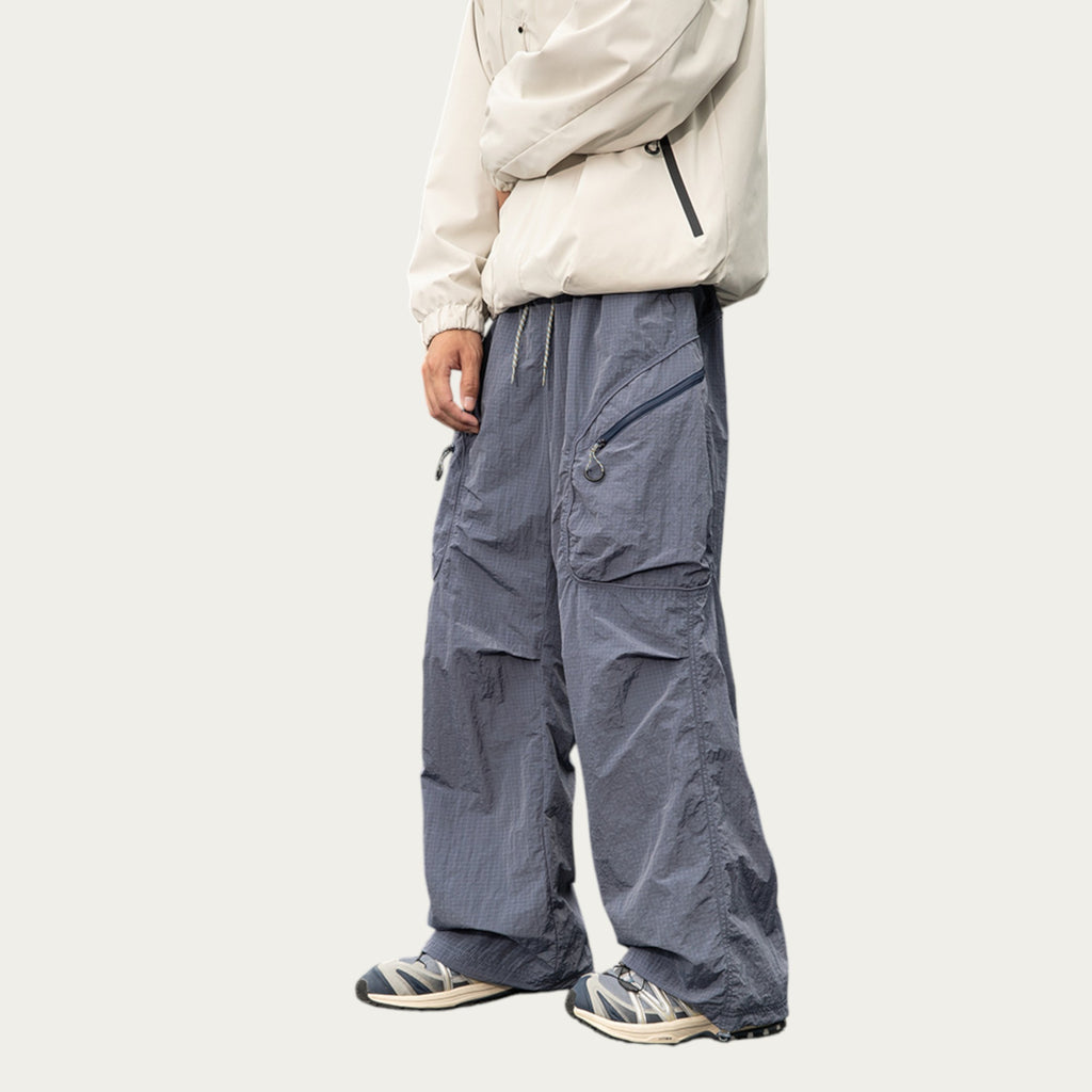 Anna-Kaci Men's Textured Wide Leg Cargo Pants with Zipper Pockets and Adjustable Drawstring Waist