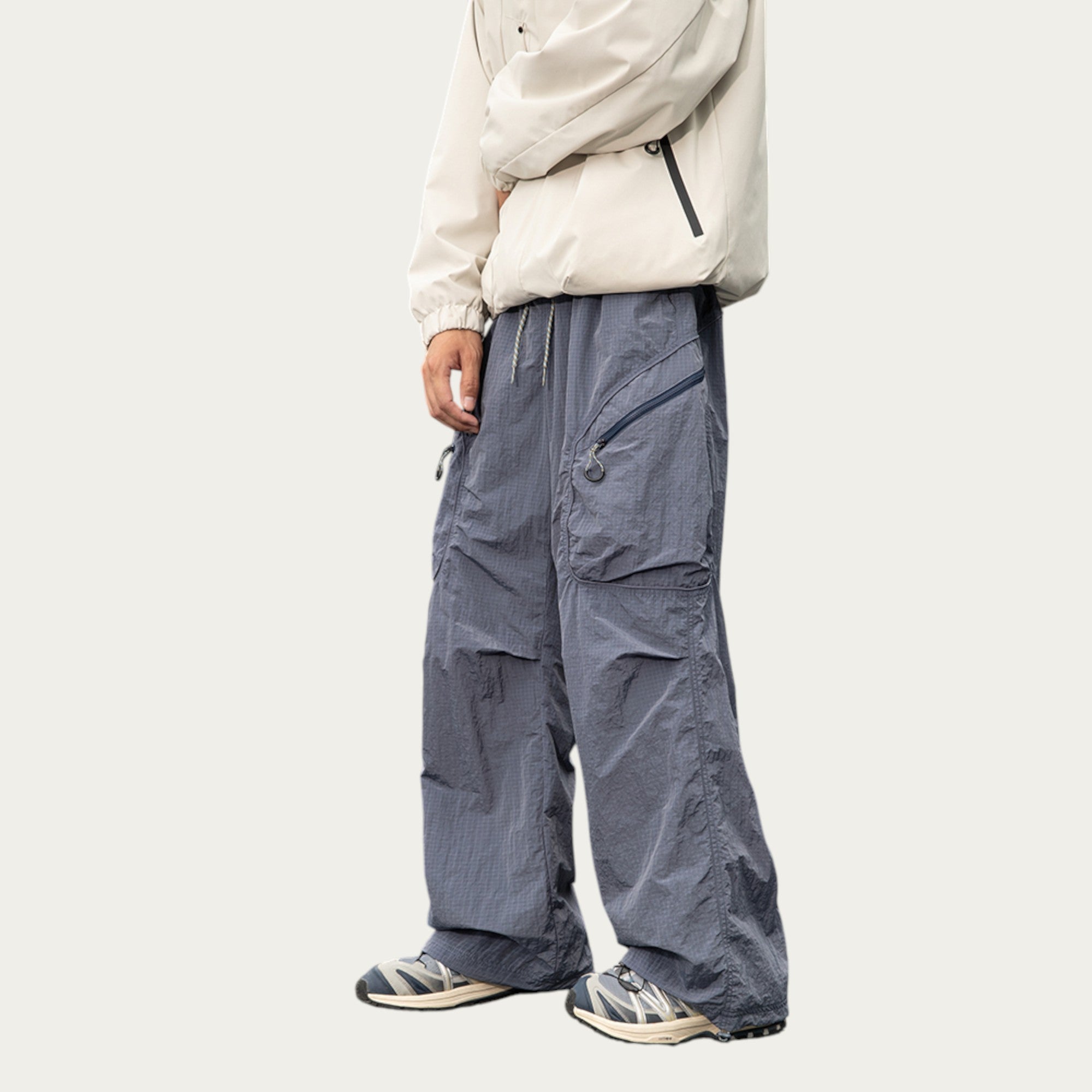 Anna-Kaci Men's Textured Wide Leg Cargo Pants with Zipper Pockets and Adjustable Drawstring Waist