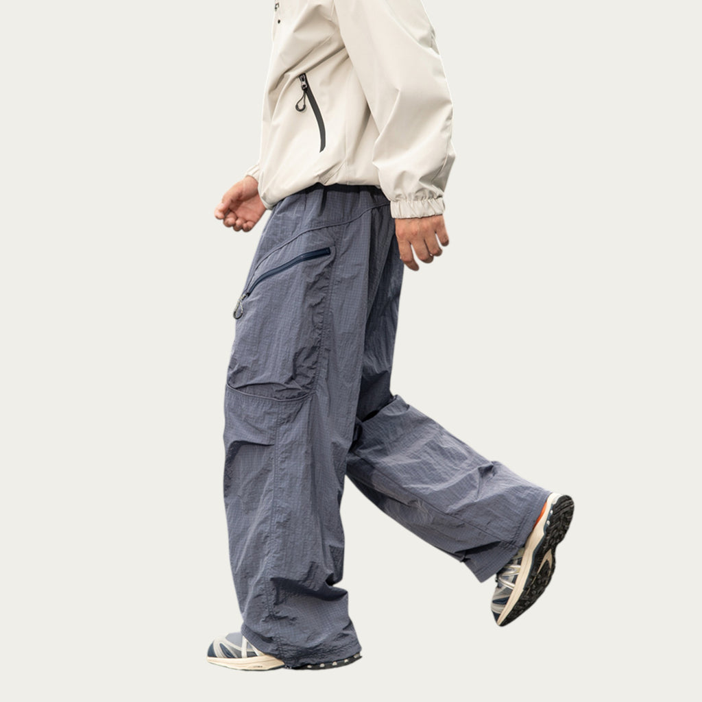 Anna-Kaci Men's Textured Wide Leg Cargo Pants with Zipper Pockets and Adjustable Drawstring Waist