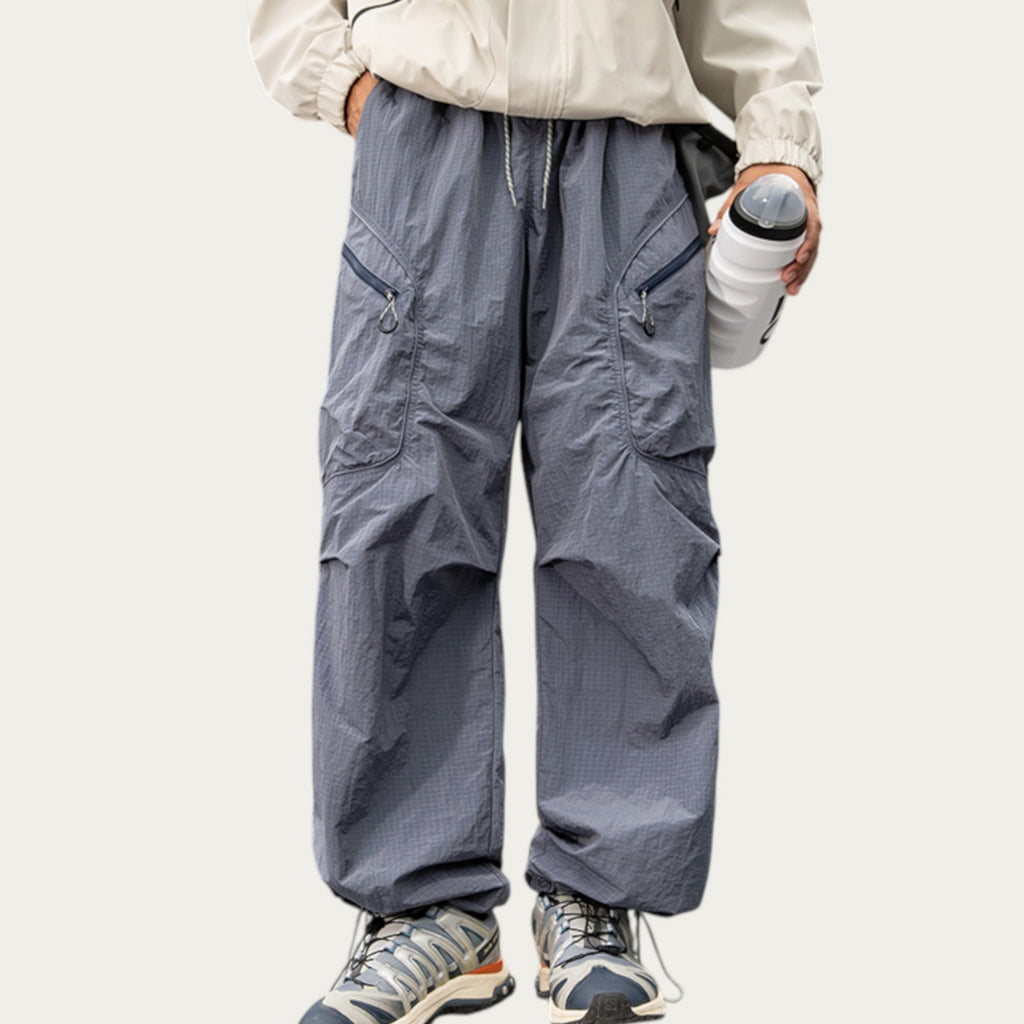 Anna-Kaci Men's Textured Wide Leg Cargo Pants with Zipper Pockets and Adjustable Drawstring Waist