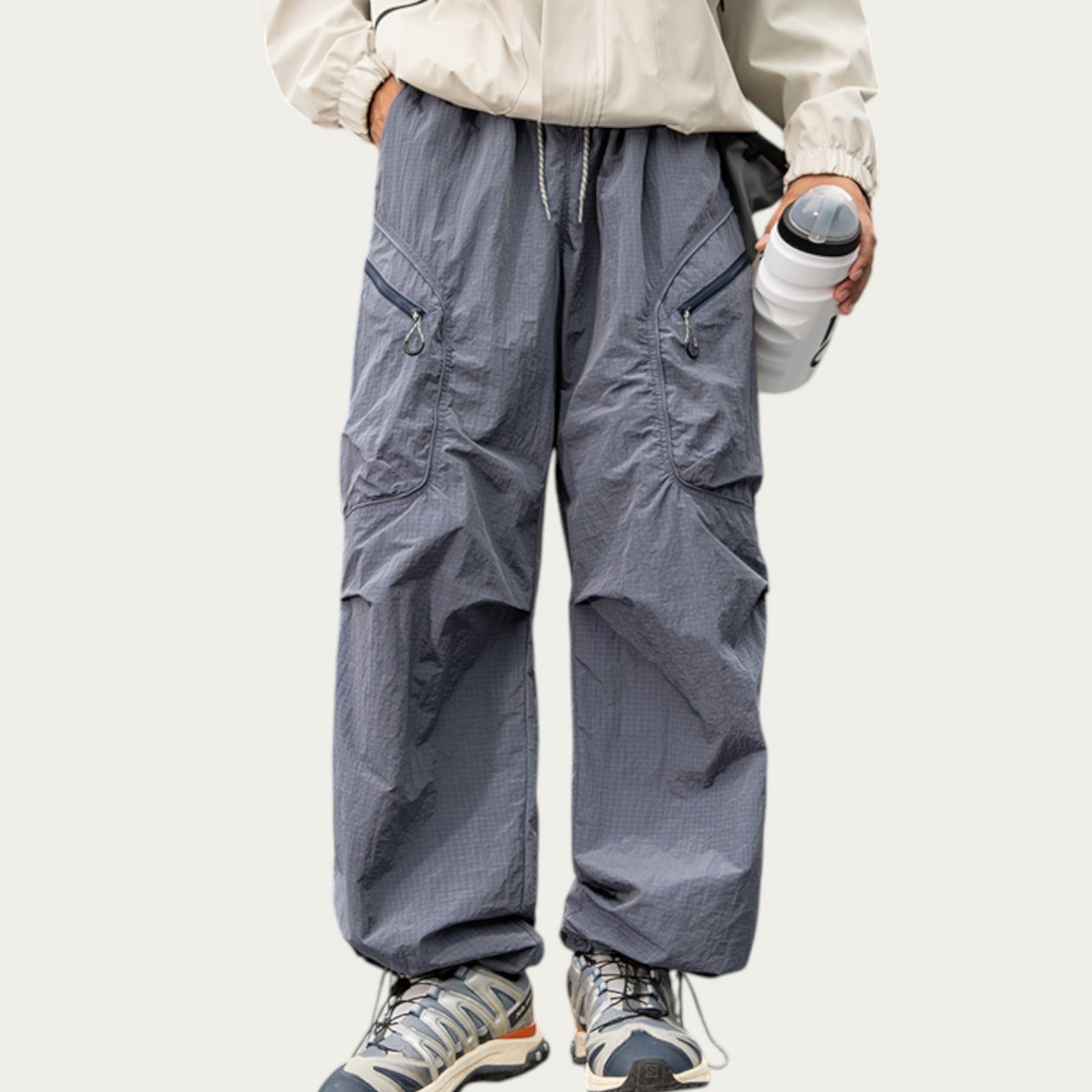 Anna-Kaci Men's Textured Wide Leg Cargo Pants with Zipper Pockets and Adjustable Drawstring Waist