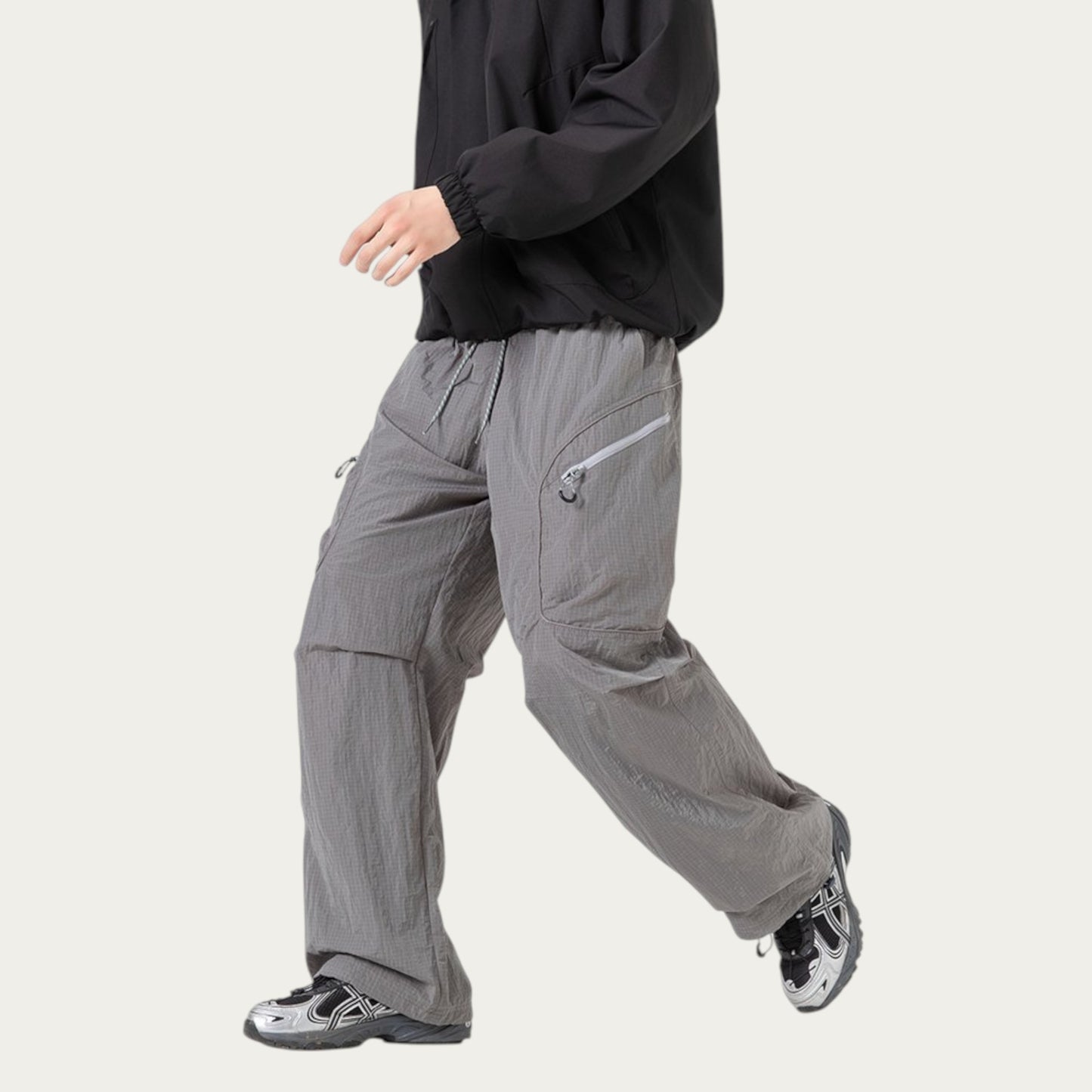 Anna-Kaci Men's Textured Wide Leg Cargo Pants with Zipper Pockets and Adjustable Drawstring Waist