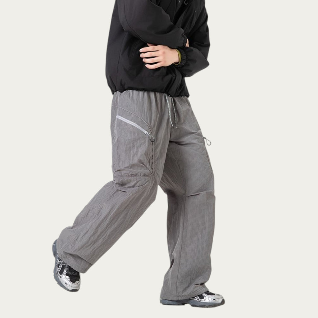 Anna-Kaci Men's Textured Wide Leg Cargo Pants with Zipper Pockets and Adjustable Drawstring Waist